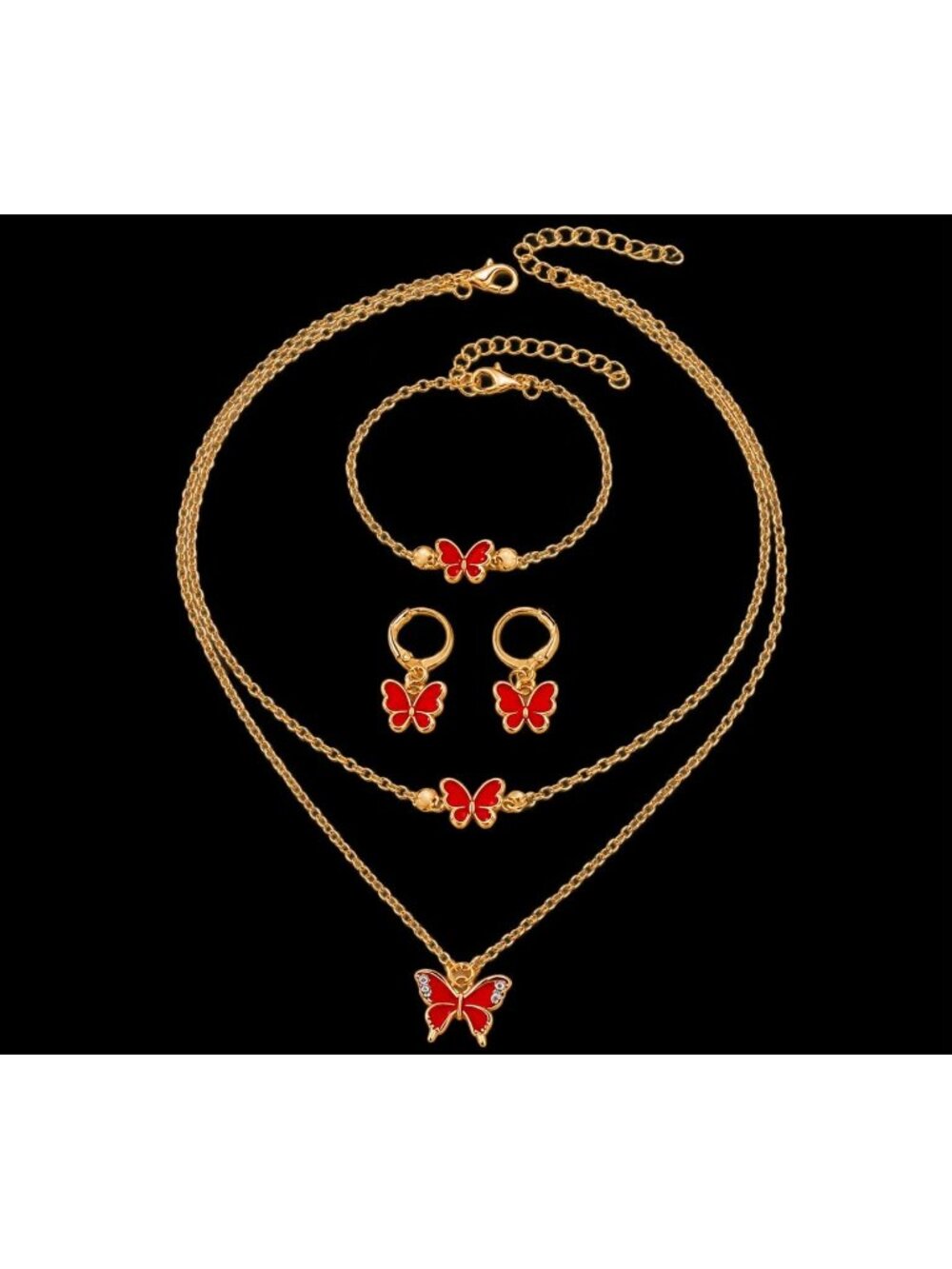 Red Butterfly Double Chain Necklace Jewelry Set